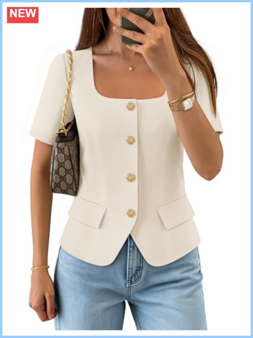 Women's Cropped Blazer Vest Top Short Sleeve Square Neck Work Suit